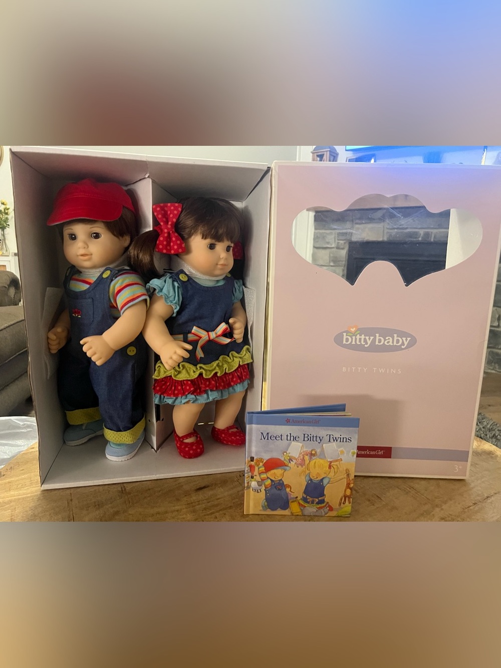 American Girl Bitty Baby brunette twin boy & girl with box & book